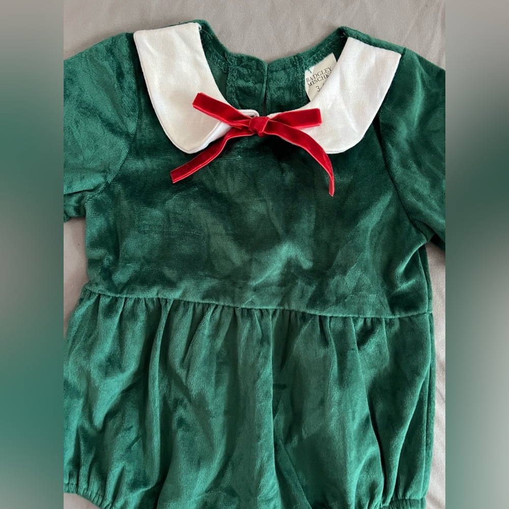 3-6 month Emerald Velvet baby girl Romper with Scarlet Bow